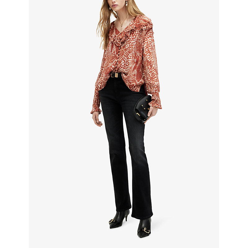Shop Allsaints Women's Red Clay Phoebe Waimea Graphic-print Frill-neck Recycled-polyester Blouse