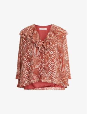 ALLSAINTS: Phoebe Waimea graphic-print frill-neck recycled-polyester blouse