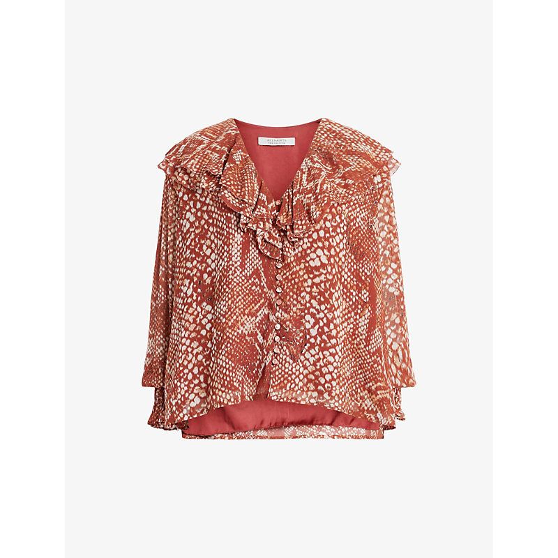 Shop Allsaints Phoebe Waimea Graphic-print Frill-neck Recycled-polyester Blouse In Red Clay