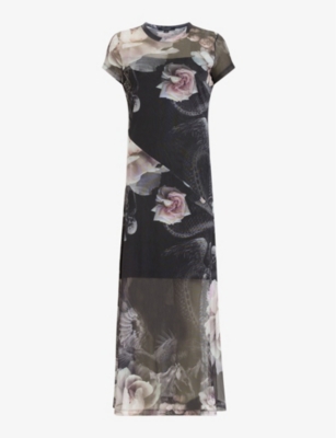 ALLSAINTS: Hanna Valley floral-print stretch recycled polyester-blend midi dress