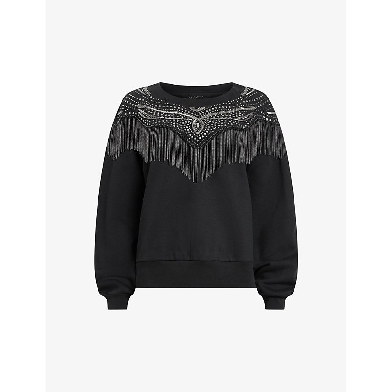 Shop Allsaints Winona Jaine Chain-embellished Relaxed-fit Organic-cotton Sweatshirt In Black