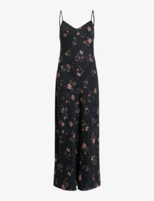 ALLSAINTS ALLSAINTS WOMEN'S BLACK BRYONY TANANA GRAPHIC-PRINT RECYCLED-POLYESTER SLIP MIDI DRESS