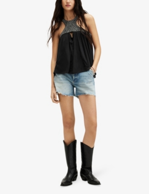 Shop Allsaints Arizona Embellished-neck Relaxed-fit Stretch-jersey Top In Black