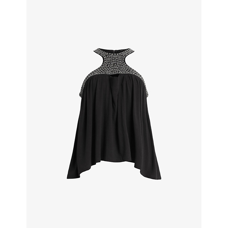 Shop Allsaints Arizona Embellished-neck Relaxed-fit Stretch-jersey Top In Black