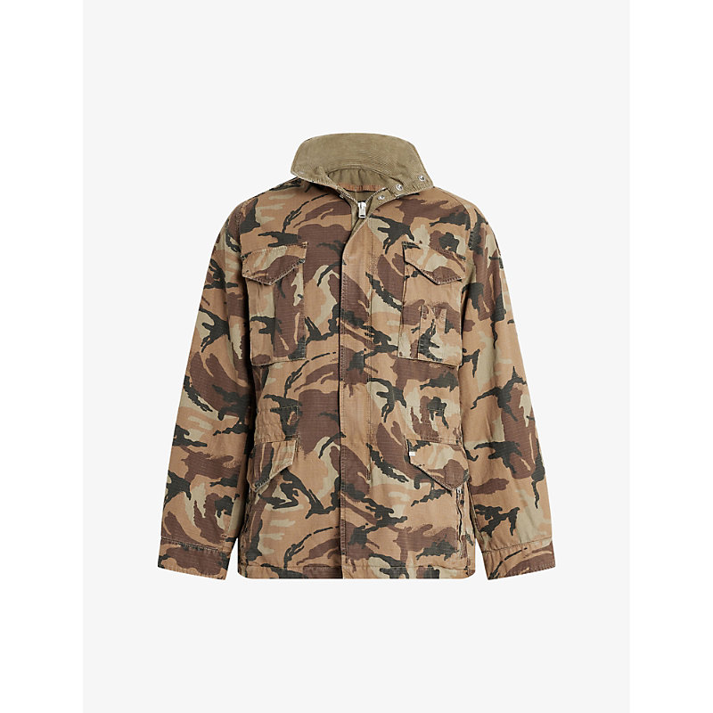 Shop Allsaints Remo Camouflage-print Organic-cotton Jacket In Brown