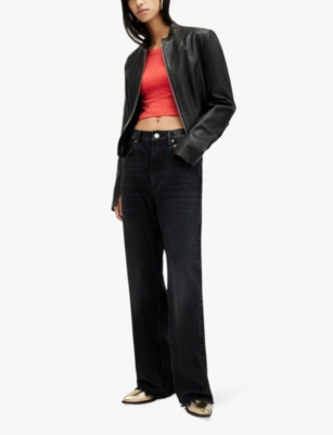 Allsaints Womens Poppy Pink Rina Round-neck Cropped Stretch-jersey Tank In Poppy Pink