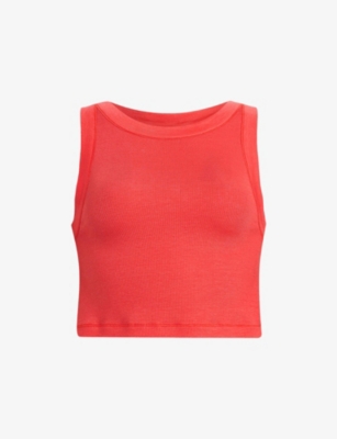 Allsaints Womens Poppy Pink Rina Round-neck Cropped Stretch-jersey Tank In Poppy Pink