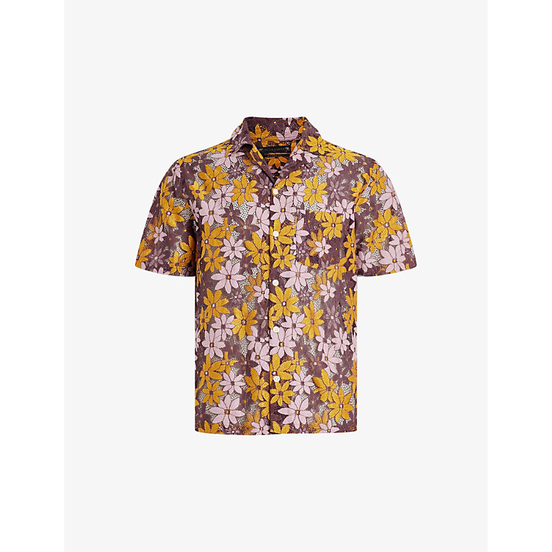 Shop Allsaints Men's Lapis Purple Visalia Floral-print Relaxed-fit Woven Shirt