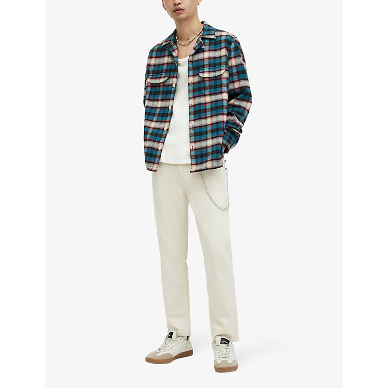 Shop Allsaints Crayo Floral-embroidered Checked Recycled-polyester Shirt In Sur Blue