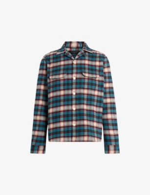 Shop Allsaints Men's Sur Blue Crayo Floral-embroidered Checked Recycled-polyester Shirt