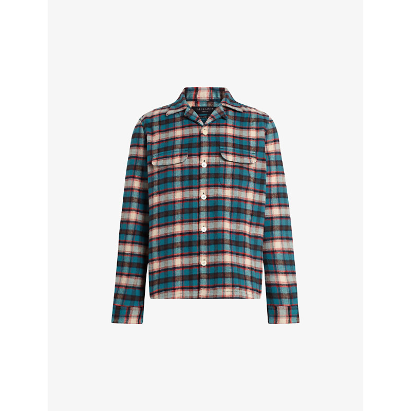 Shop Allsaints Crayo Floral-embroidered Checked Recycled-polyester Shirt In Sur Blue