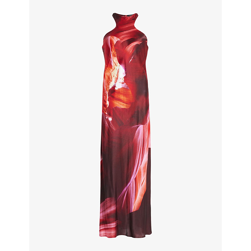 Allsaints Womens Canyon Purple Betina Graphic-print Racer-neck Silk-blend Maxi Dress