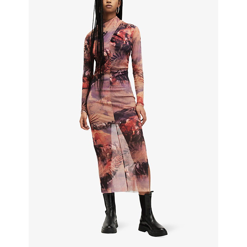 Shop Allsaints Tia Graphic-print Slim-fit Stretch Recycled-polyester Midi Dress In Canyon Purple