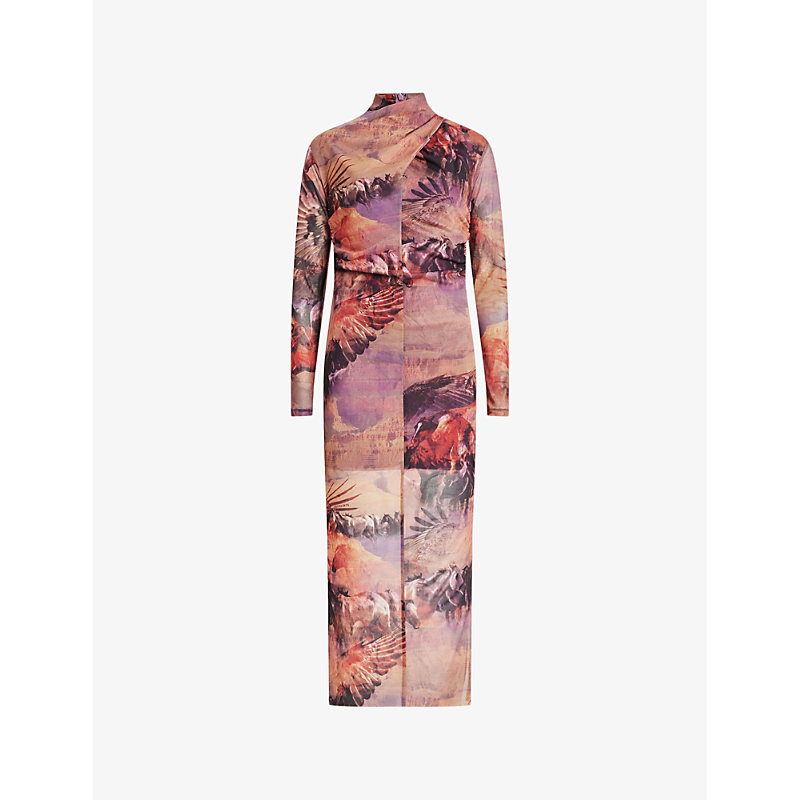 Shop Allsaints Women's Canyon Purple Tia Graphic-print Slim-fit Stretch Recycled-polyester Midi Dress
