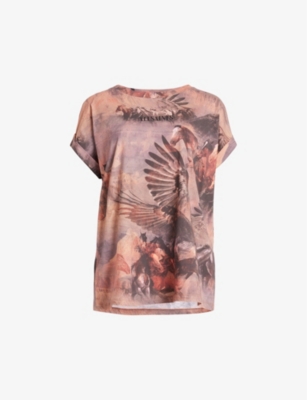 Allsaints Womens Canyon Purple Tia Graphic-print High-neck Stretch Recycled-polyester Top