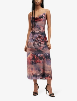 Shop Allsaints Womens Canyon Purple Hadley Graphic-print Cowl-neck Stretch Recycled-polyester Maxi Dress