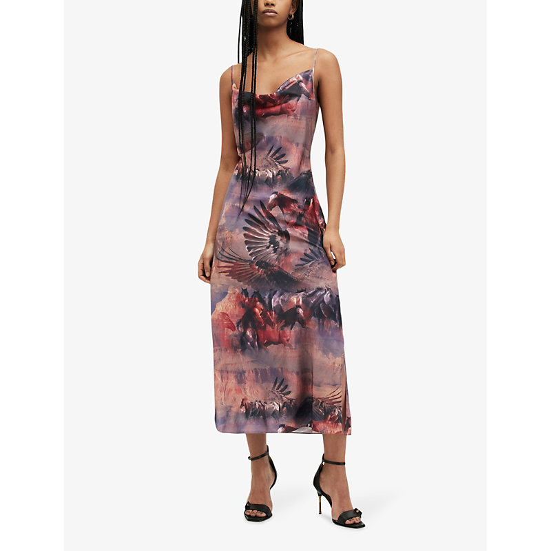 Shop Allsaints Women's Canyon Purple Hadley Graphic-print Cowl-neck Stretch Recycled-polyester Maxi Dress