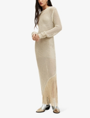 ALLSAINTS WOMENS GOLD JESSE TASSEL-HEM SLIM-FIT CROCHET MAXI DRESS 