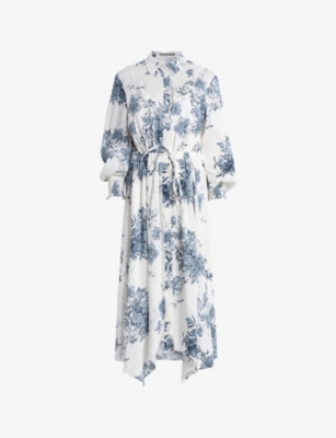 Shop Allsaints Womens Denim Blue Skye Dekorah Graphic-print Asymmetric-hem Silk And Linen-blend Midi Dres