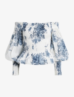 ALLSAINTS: Lara Dekorah graphic-print off-shoulder silk and linen-blend top