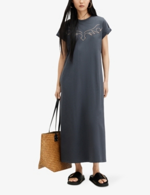 Shop Allsaints Randal Anna Western-embroidered Relaxed-fit Organic-cotton Maxi Dress In Washed Black
