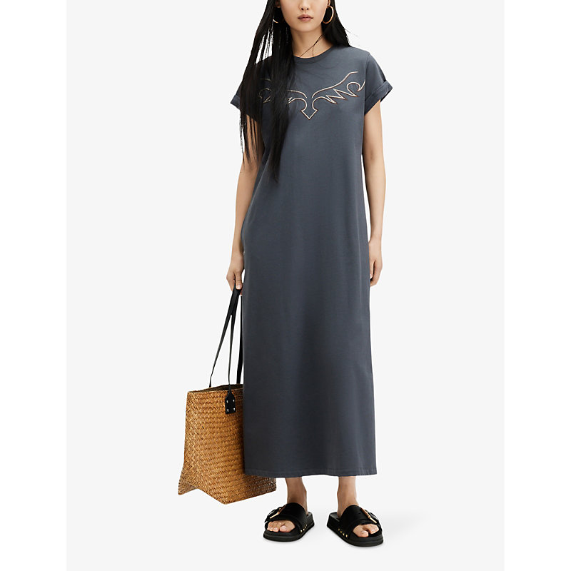 Shop Allsaints Randal Anna Western-embroidered Relaxed-fit Organic-cotton Maxi Dress In Washed Black