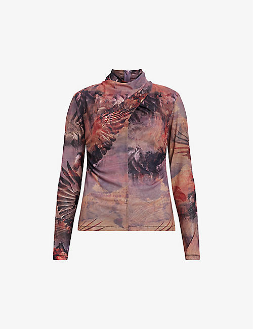 ALLSAINTS: Tia high-neck graphic-print stretch recycled-polyester top