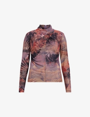 Allsaints Tia High Neck Wrap Over Mesh Colca Top In Canyon Purple