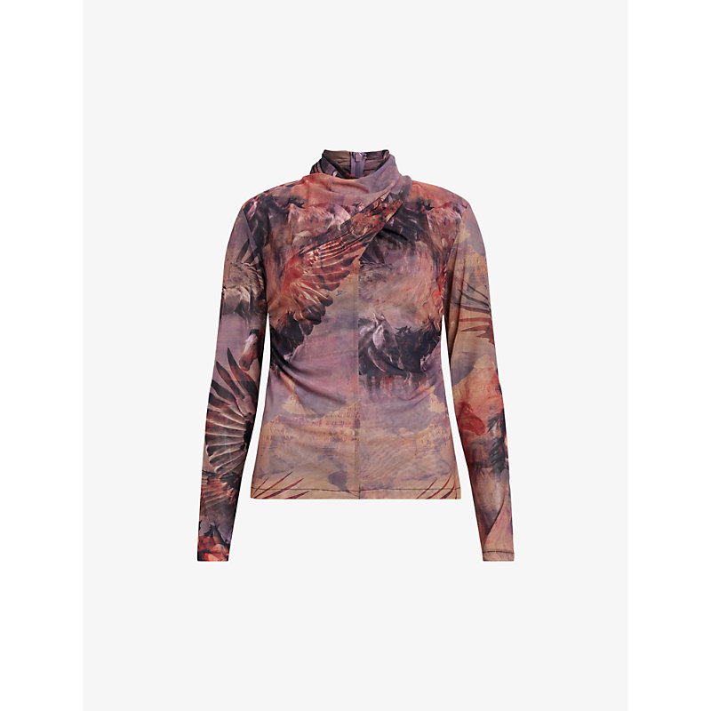 Shop Allsaints Tia High-neck Graphic-print Stretch Recycled-polyester Top In Canyon Purple