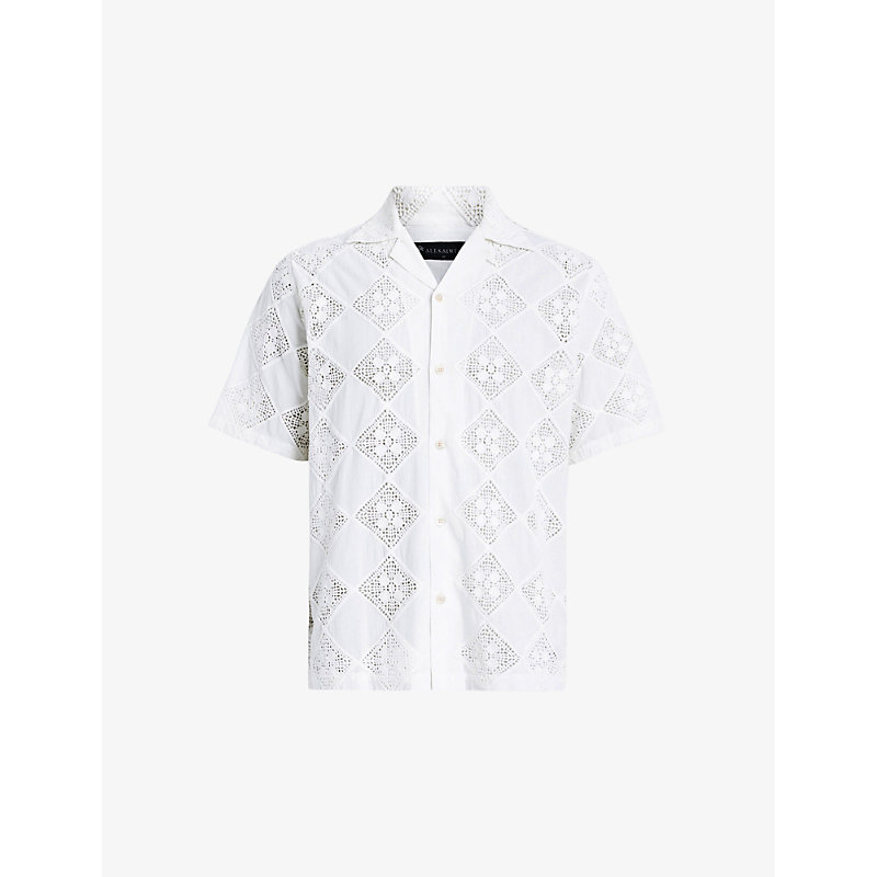 Shop Allsaints Men's Oatmeal White Vista Floral-broderie Organic-cotton Shirt
