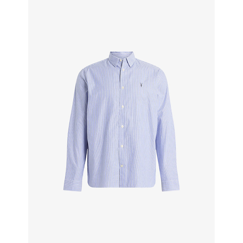 Shop Allsaints Mens Daisy Wht/sur Hillview Logo-embroidered Relaxed-fit Organic-cotton Shirt