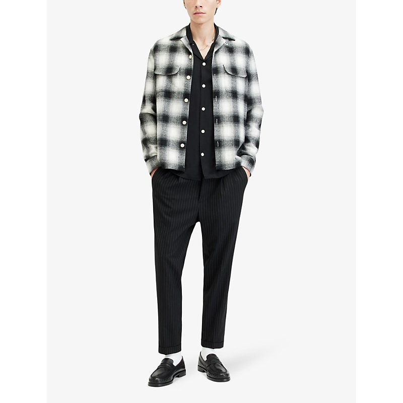 Shop Allsaints Men's Oatmeal Wht/jt Fortunado Graphic-embroidered Checked Recycled Polyester-blend Shirt