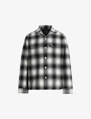 Shop Allsaints Men's Oatmeal Wht/jt Fortunado Graphic-embroidered Checked Recycled Polyester-blend Shirt
