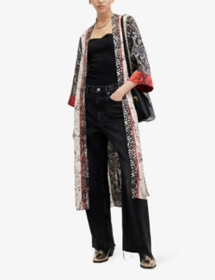 Shop Allsaints Women's Black/multi Casa Waima Snake-print Relaxed-fit Recycled-polyester Kimono