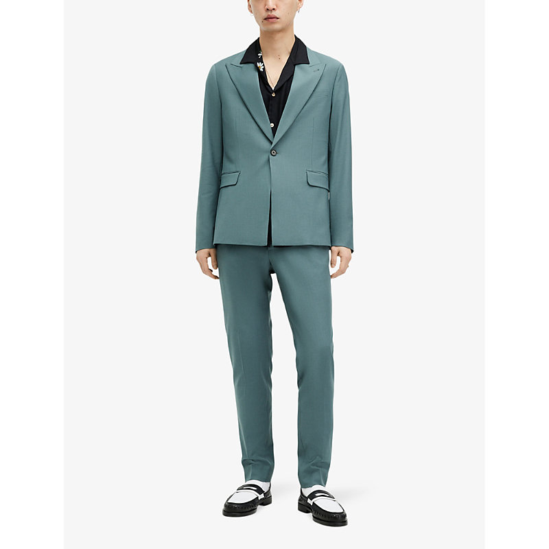 Shop Allsaints Moad Peak-lapel Skinny-fit Stretch Recycled-polyester Blazer In Petrol Blue