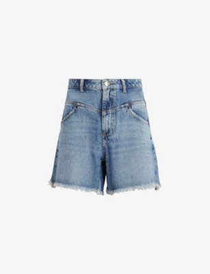 Allsaints Emmy High Rise Denim Mid Length Shorts In Vintage Indigo