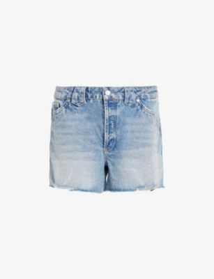 Shop Allsaints Women's Vintage Indigo Idaho Raw-hem Mid-rise Stretch-denim Shorts