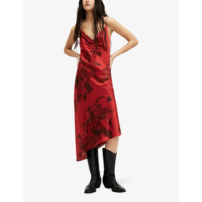 Shop Allsaints Alexia Floral-print Silk Midi Dress In Rust Red