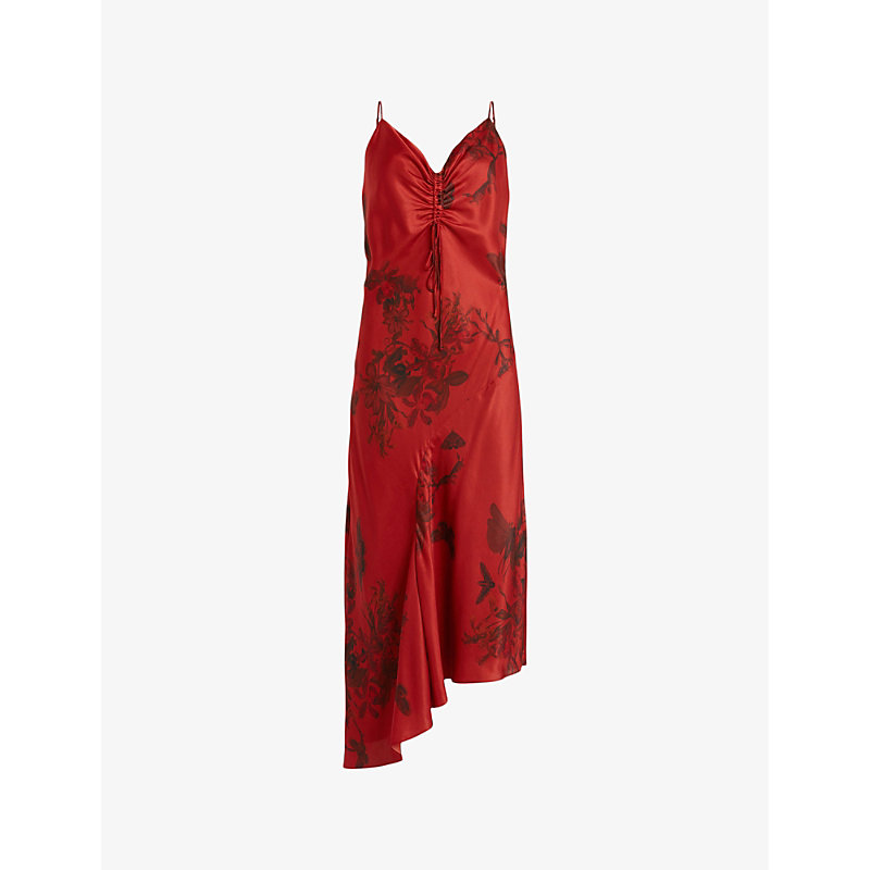 Shop Allsaints Women's Rust Red Alexia Floral-print Silk Midi Dress