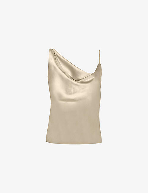 RO&ZO: Asymmetric cowl-neck metallic satin camisole top