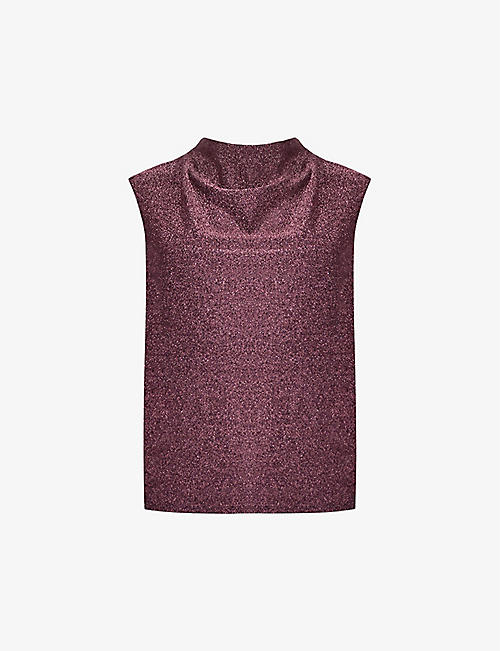 RO&ZO: Draped-neck sparkle-embellished stretch-jersey top