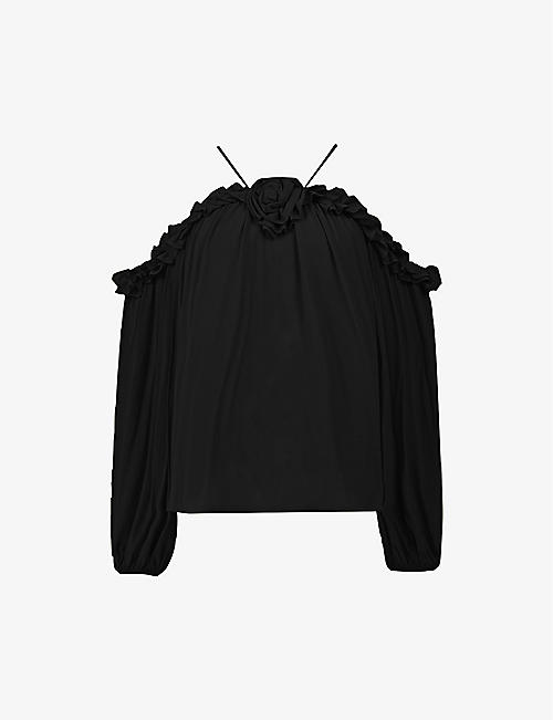 RO&ZO: Corsage-detail off-the-shoulder woven top