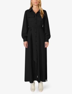 Shop Ro&zo Women's Black Pocket-embroidered Waist-tie Woven Midi Dress