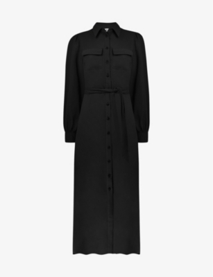 Ro&zo Pocket-embroidered Waist-tie Woven Midi Dress In Black