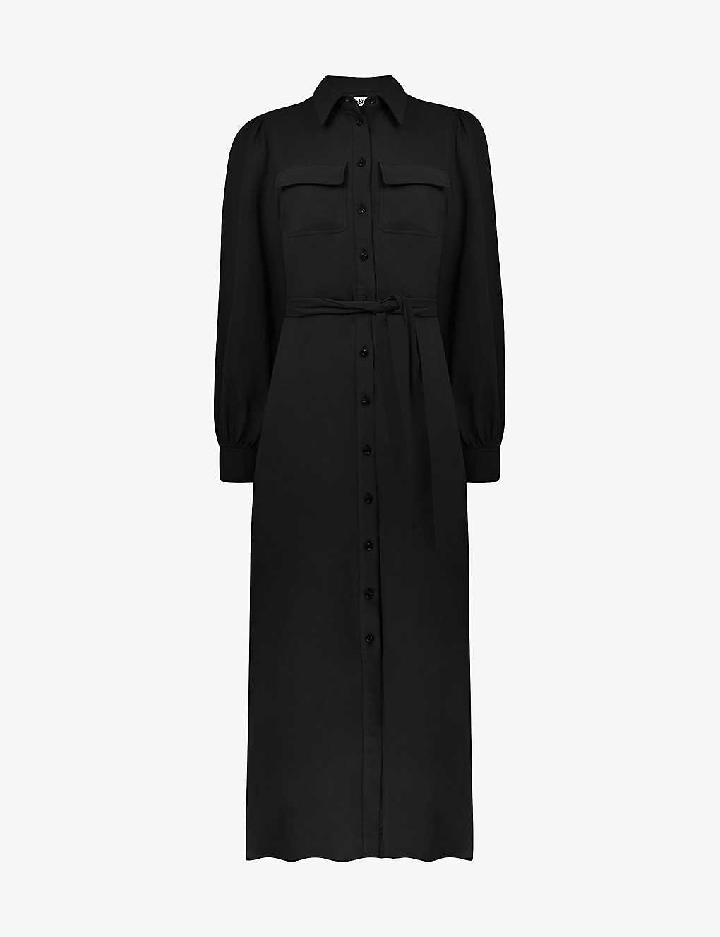 Ro&zo Pocket-embroidered Waist-tie Woven Midi Dress In Black