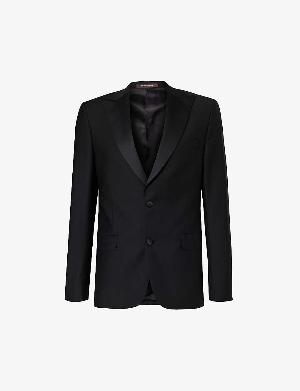 Oscar Jacobson Mens Black Structured-shoulder Peak-lapel Regular-fit Wool Tuxedo Jacket