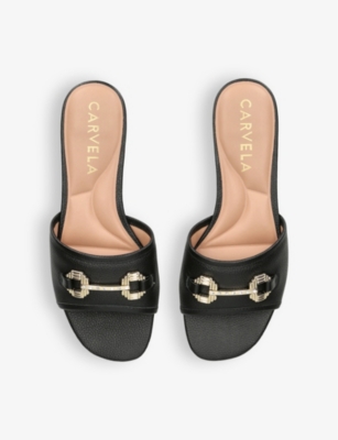 Shop Carvela Womens Black Poise Horse-bit Chain Leather Sandals