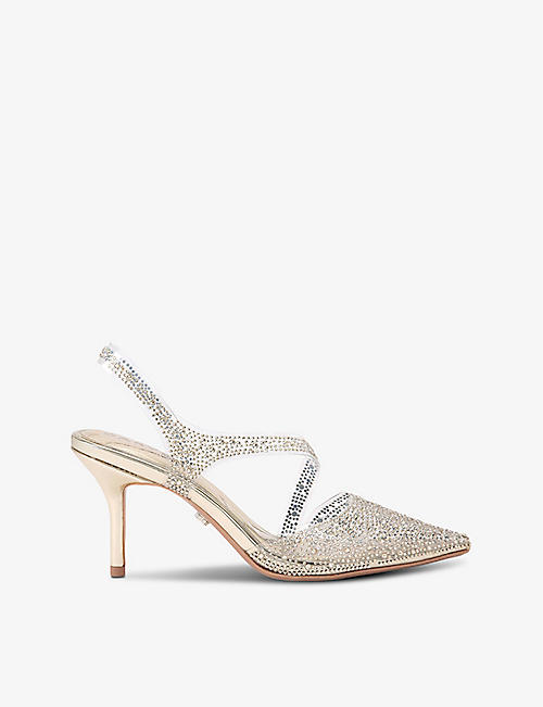 CARVELA: Symmetry crystal-embellished vinyl heeled courts