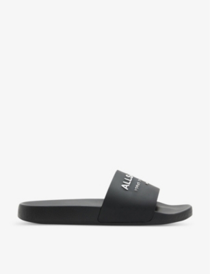 Shop Allsaints Women's Black Underground Logo-debossed Rubber Slides