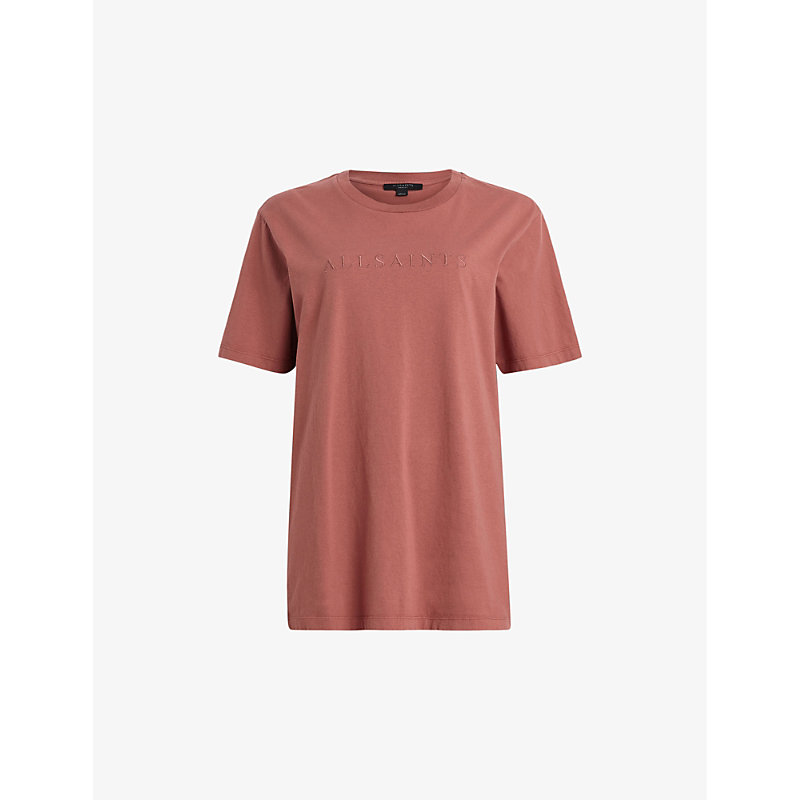 Shop Allsaints Pippa Brand-embroidered Organic-cotton T-shirt In Rich Pink